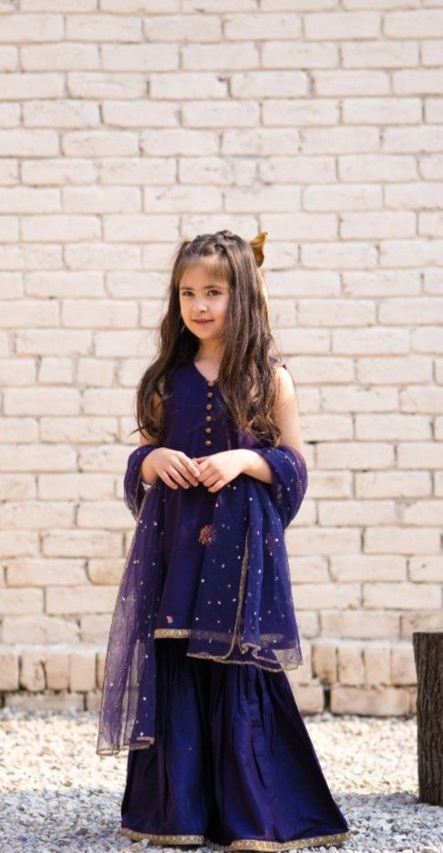 Kids Royal Blue Embroidered Satin Sharara