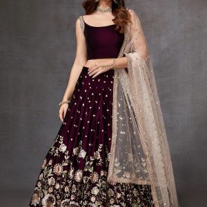 Wine and Light Pink Velvet Lehenga