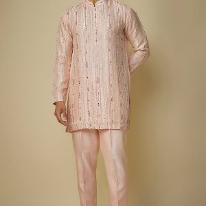 Peach Embroidered Silk Kurta Set