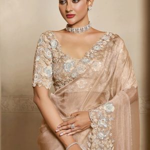 Beige Embroidered Viscose Organza Saree